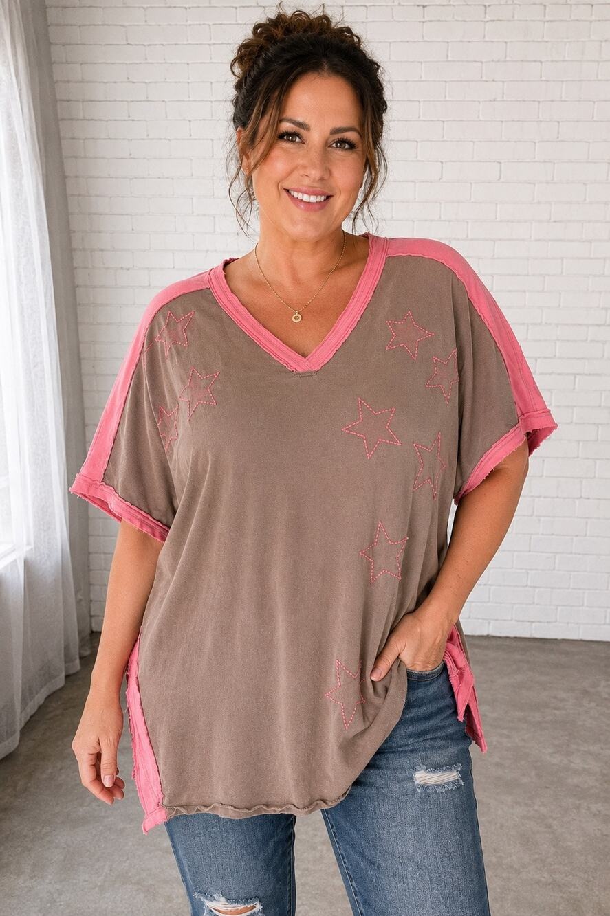 Blue Velvet Women M/L Oversized Star Top Brown Pink 100% Cotton Boho Tunic NWT